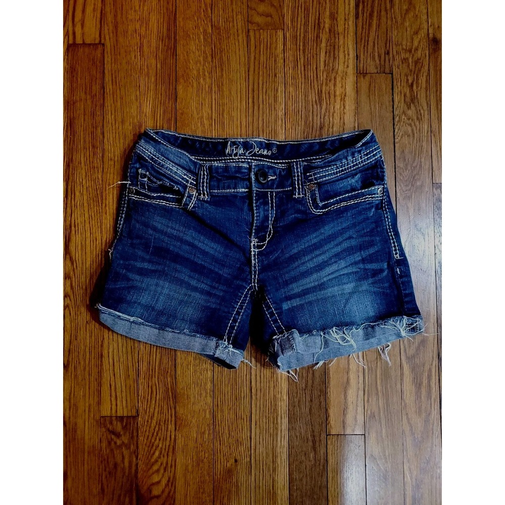 Ariya Jeans Womens SZ 9/10 dark wash fray hem cut off Midi cuffed stretch shorts